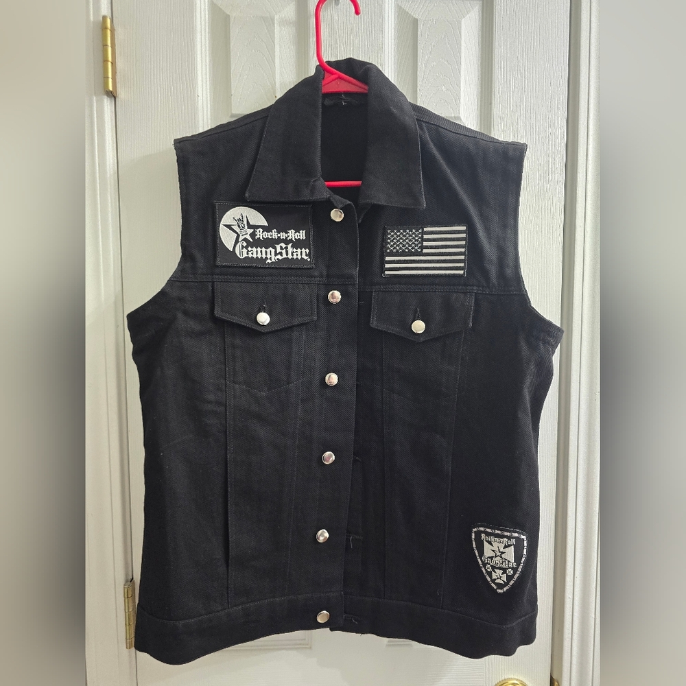 Mens Rock•N•Roll GangStar Black Denim Vest with Patches